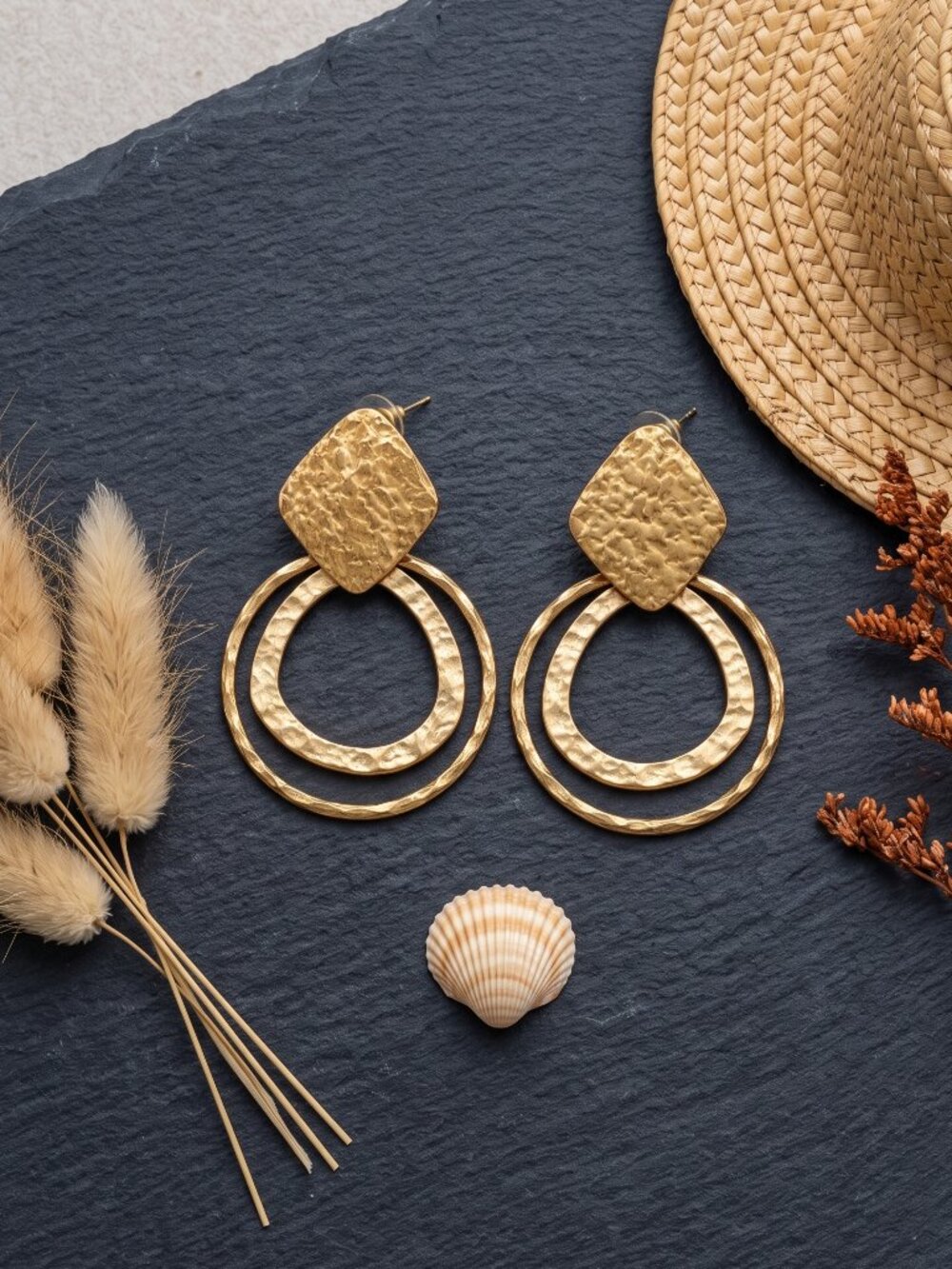 Hammered Brass Double Hoop Boho Chic Artisan Statement Drop Stud Earrings 2.3"